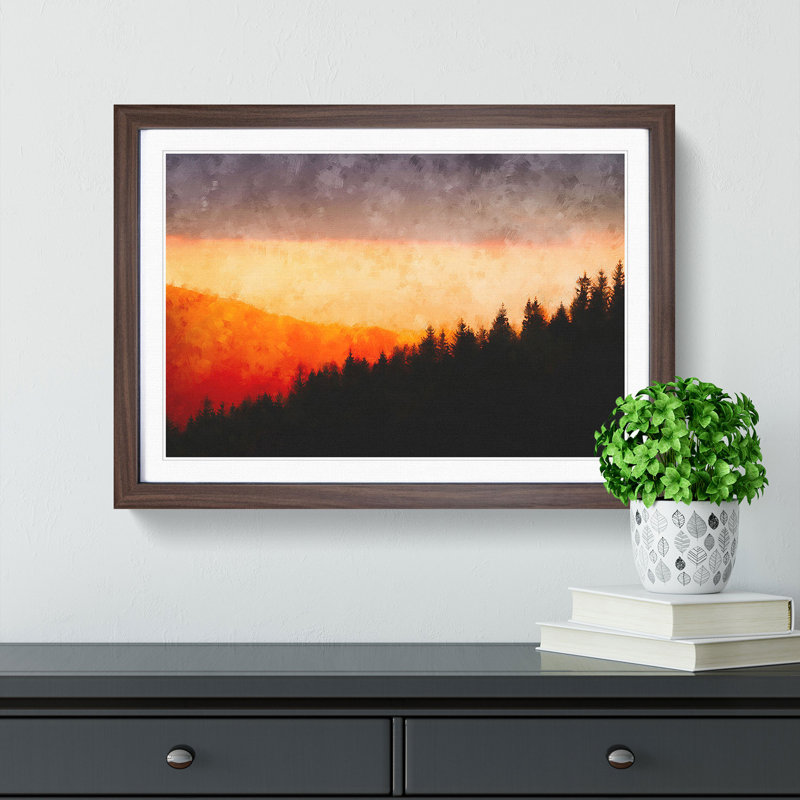 Sunset over Cantal France - Picture Frame Painting Print, 45cm H x 63cm W x 2cm D, Walnut Framed