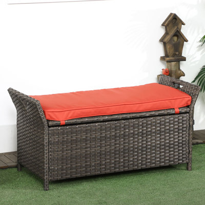 Outsunny 27 Gallon Patio Wicker Storage Bench, Outdoor PE Rattan Patio Furniture, 2-In-1 Large Capacity Rectangle Garden Storage Box with Handles and Cushion, Red