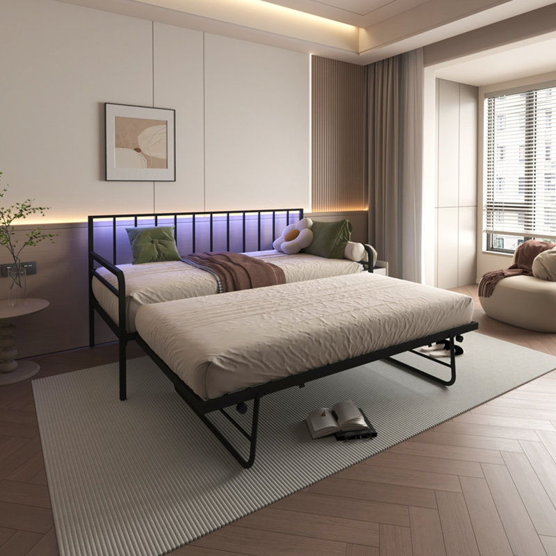 Lit de jour simple en métal avec lit gigogne, lumières à DEL RVB, charge USB, cadre à hauteur réglable, canapé-lit noir pour chambre et chambre d'amis