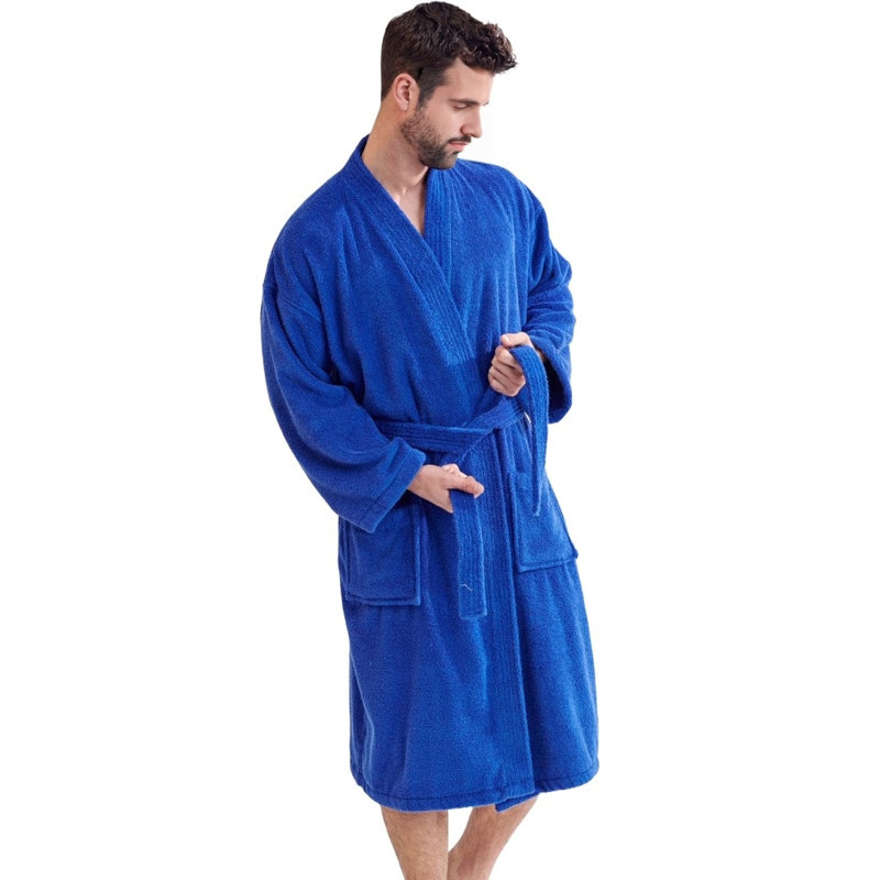 Peignoir mi-mollet 100% coton avec poches Ladijah, Bleu royal