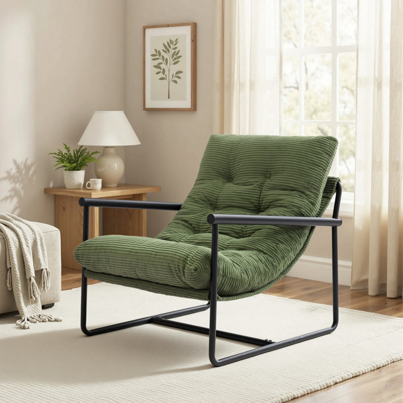 Modern Corduroy Upholstered Accent Chair With Metal Frame, Green