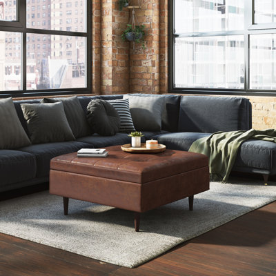 Shay 38"W Upholstered Square Coffee Table Storage Ottoman with Lift Top and Tufted Detail