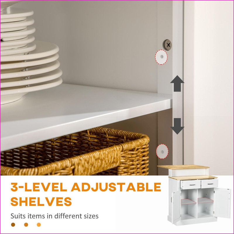 Kitchen Island with Storage, 2-Level Rubber Wood Top, Adjustable Shelves &amp; Drawers | Snow White | Engineered Wood