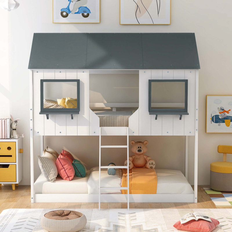 Twin Over Twin Bunk Bed Wood Bed With Roof, Window, Guardrail, Ladder, White