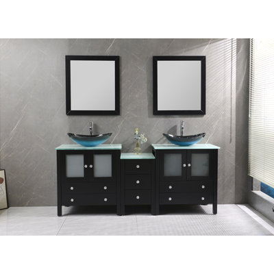 74.5 " W Freestanding Standard Free Standing 2 Double Single Vanity Bathroom Vanity With Tempered Glass Top with Mirror