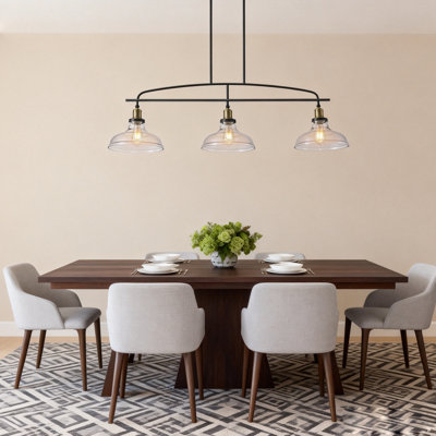 Lustre suspendu industriel à 3 lumières avec abat-jour en verre transparent, cadre en métal noir, hauteur réglable, éclairage campagnard moderne