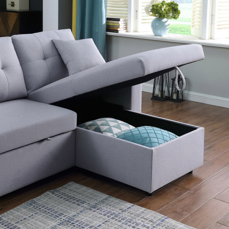 Canapé-lit modulaire réversible en lin 93 po gris clair avec méridienne de rangement et 2 tabourets