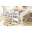Lit mezzanine double pleine grandeur avec bureau intégré, armoires de rangement et bibliothèque ouverte, tableau blanc pour graffiti-125035529
