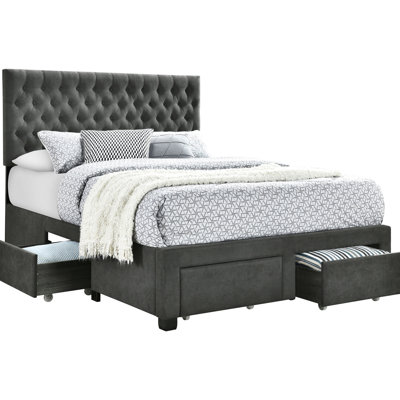 Lit double rembourré gris avec rangement, tête de lit à boutons, quatre tiroirs intégrés, bois massif et tissu doux