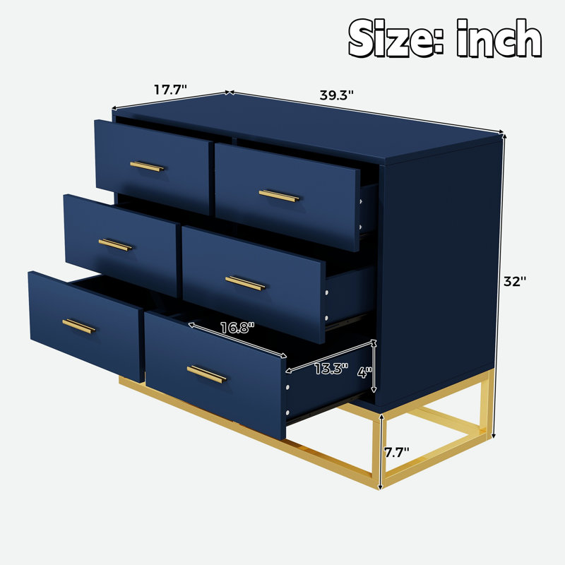 Commode moderne à 6 tiroirs, poignées dorées et élégant piètement en métal