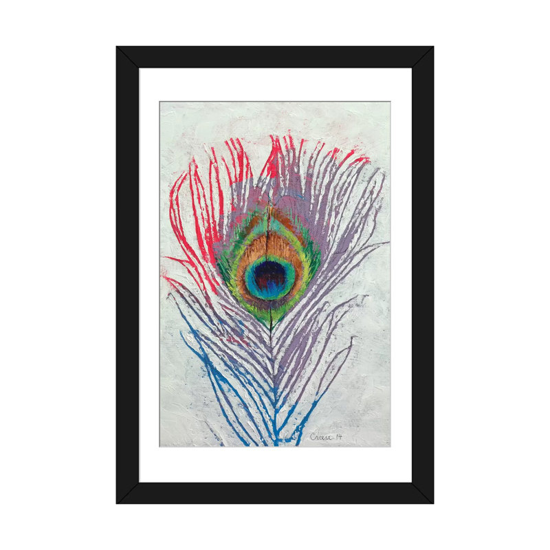 «Peacock Feather», reproduction d'art sur toile, H 24 po x l 16 po x P 1 po, Papier d'art encadré noir, Blanc