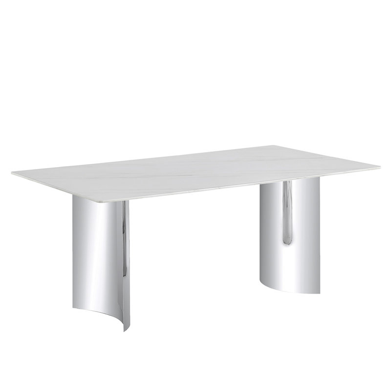 Modern Minimalist Dining Table. The White Imitation Marble Glass Desktop Is Equipped With Silver Metal Legs. Suitable For Restaurants And Living Rooms  71" *39.3" *29.5"  