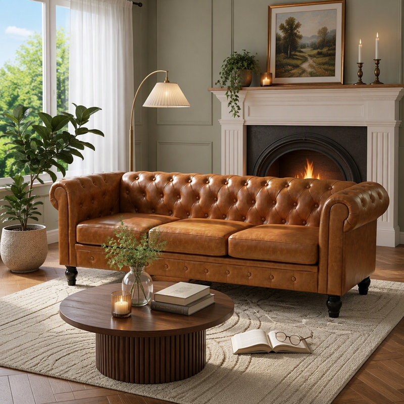 Canapé Chesterfield 3 places en similicuir, Similicuir brun clair
