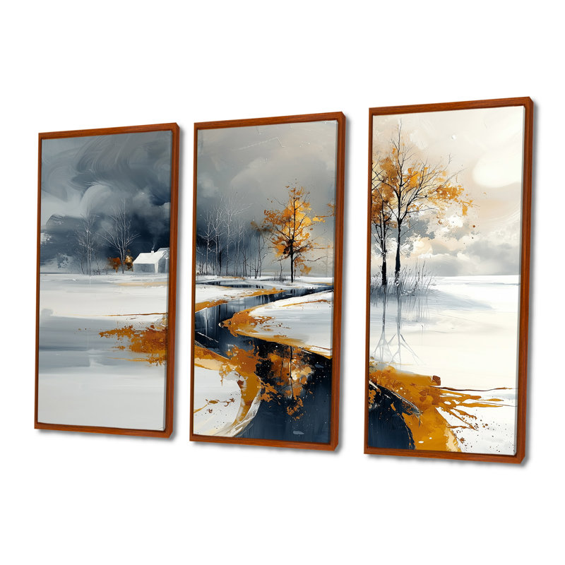 Or et blanc route givrée en hiver II - ensemble d'art mural paysage d'hiver, Toile brune avec cadre flottant