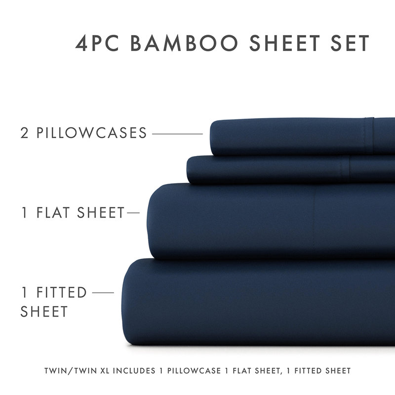 Ensemble de draps 100% rayonne de bambou, Bleu marine, Ensemble de draps pour lit double avec 2 taies d'o