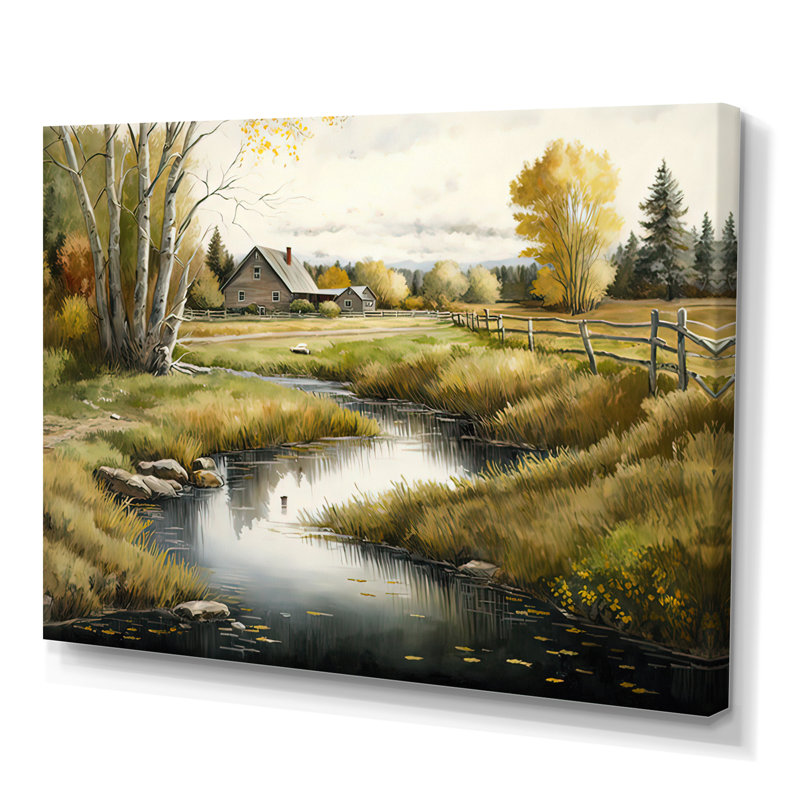 Petite rivière à la grange - art mural toile / campagne, H 30 po x l 40 po x P 1,5 po, Toile tendue