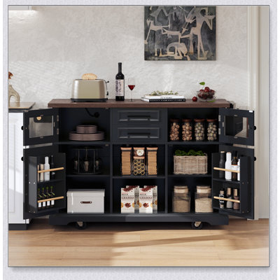 54.9 Inch Kitchen Island with Drop Leaf, Power Outlet, Storage, and Mobility for Modern and Rustic Kitchens
