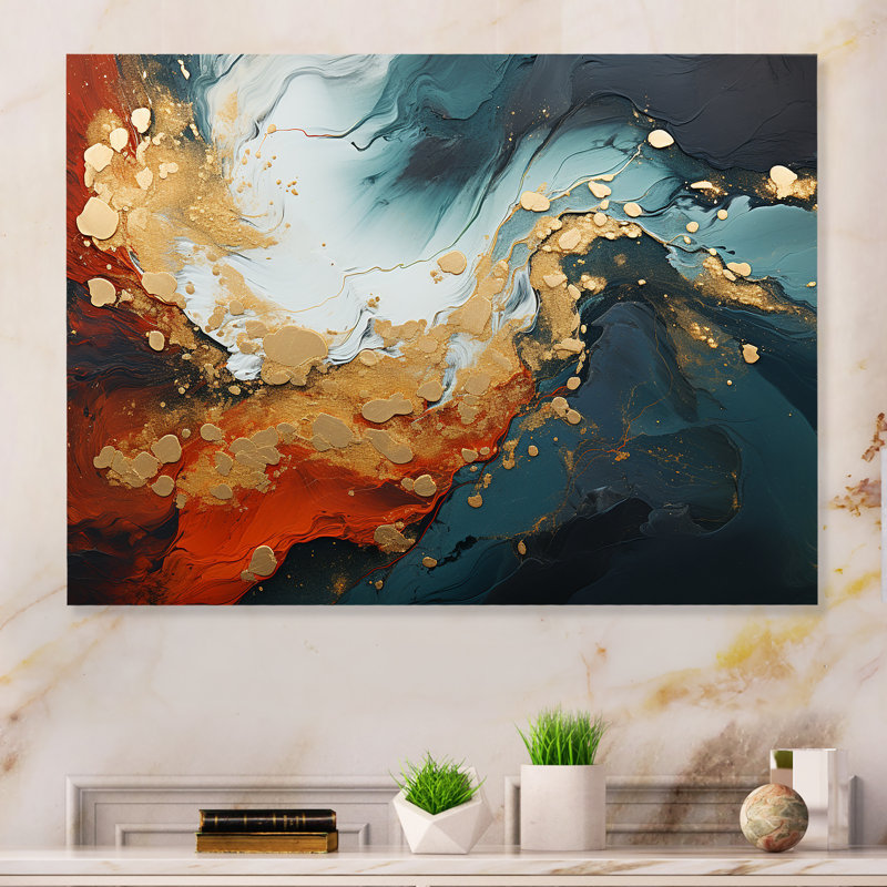 Bleu et or tempête de marbre IV - art mural abstrait en métal MT137161, H 24 po x l 32 po x P 1 po