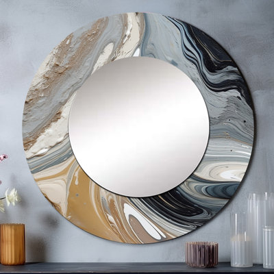 Symphonie grise et turquoise, miroir mural décoratif abstrait, grand miroir rond moderne, impression d'art en métal