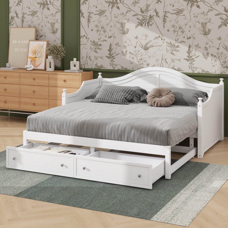 Canapé-lit simple en bois avec lit gigogne extensible et tiroirs de rangement pratiques, Blanc