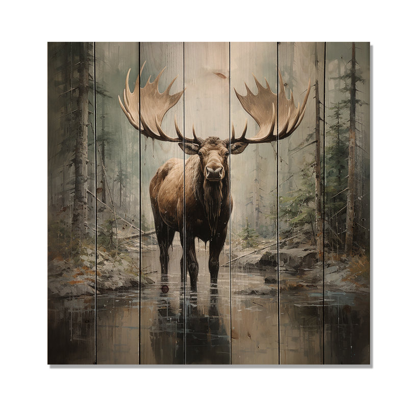 Mystic Moose In Forest II - impression d'orignal sur bois, H 30 po x l 30 po