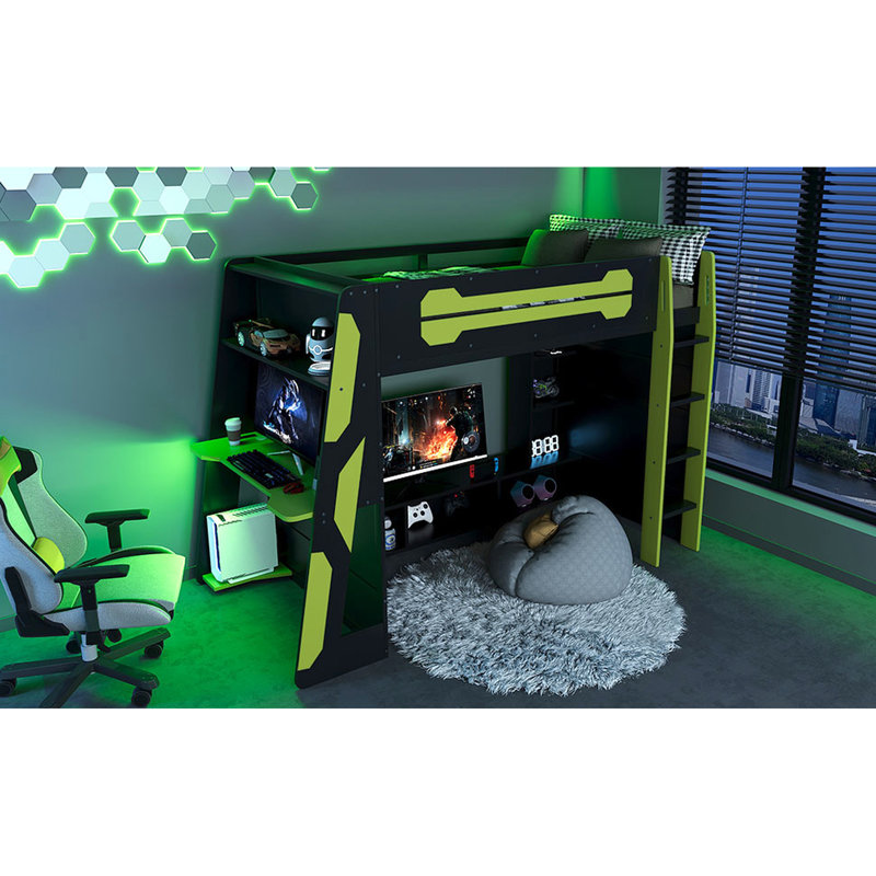- Lit mezzanine simple conçu avec éclairage, bureau et rangement, sous la zone pour le divertissement de la console, option de travail et de jeu tout-en-un en bois, tablettes, travail conçu, espace de jeu