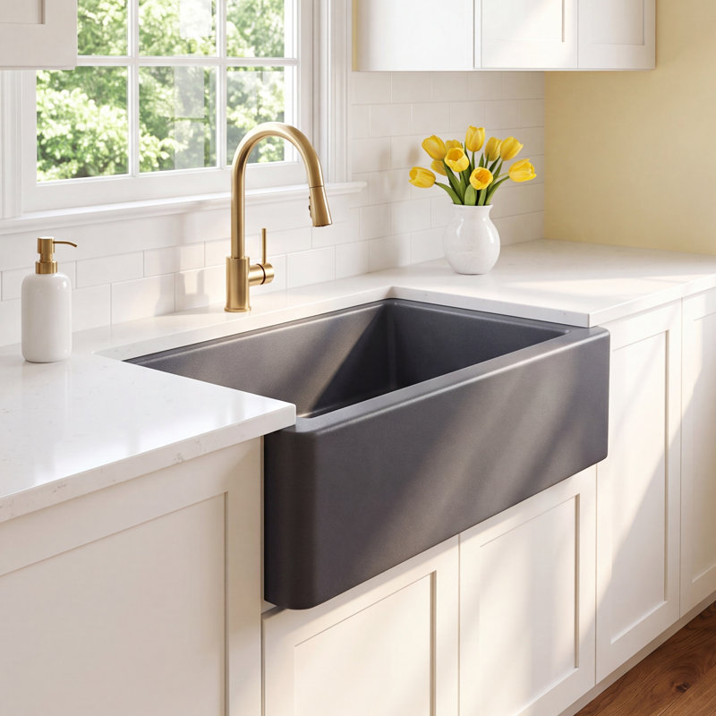 Reinart 30'' L Single Bowl Granite Kitchen Sink, Black