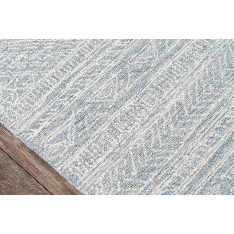 Tapis ivoire / bleu clair en laine bouclé / crocheté à la main Adhley, Tapis de couloir 2 pi x 8 pi