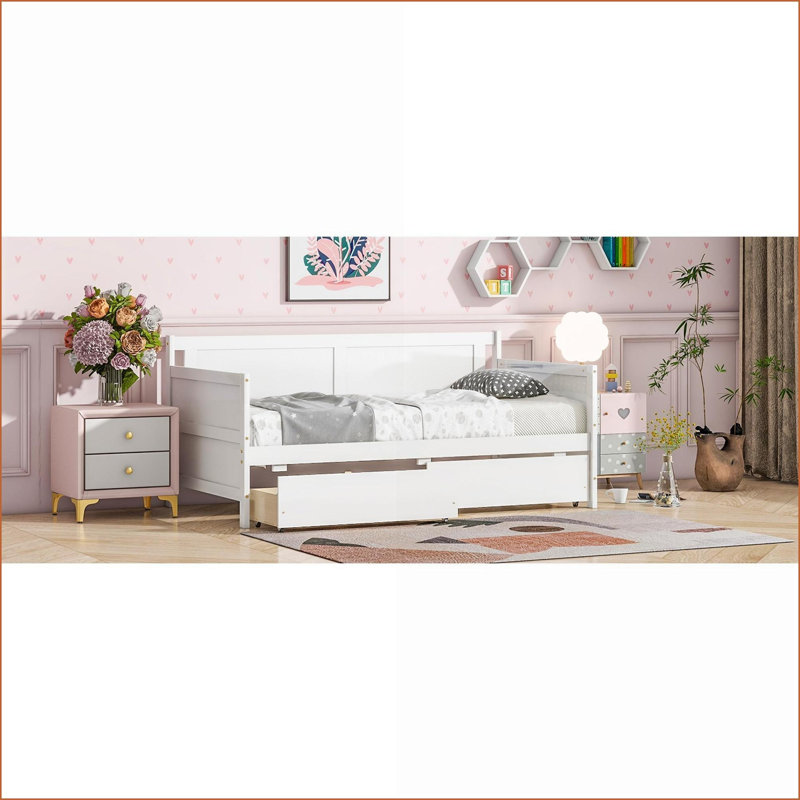 Twin Size Solid Pine Wood Storage Daybed with 2 Drawers – No Box Spring Needed, White for Guest/Living Room, White