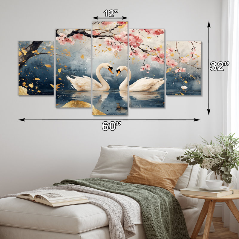 Ensemble de salon avec art cygne rose et or «Love Under Cherry Blossom V»