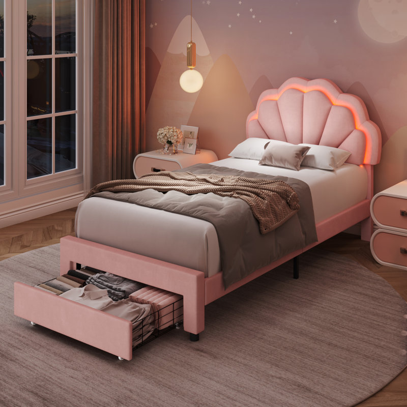 Burlyn Upholstered LED Bed Frame with Drawer & Adjustable Headboard, Pink, Twin