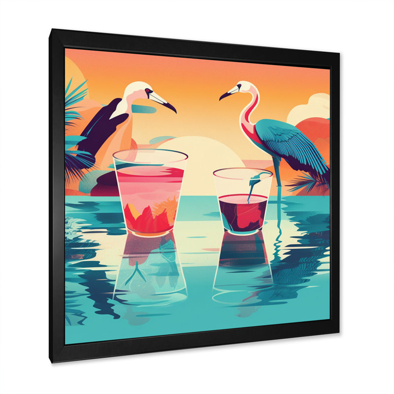 Flamants bleus et roses dans la mer au coucher du soleil sur toile, H 16 po x l 16 po x P 1 po, Cadre photo noir