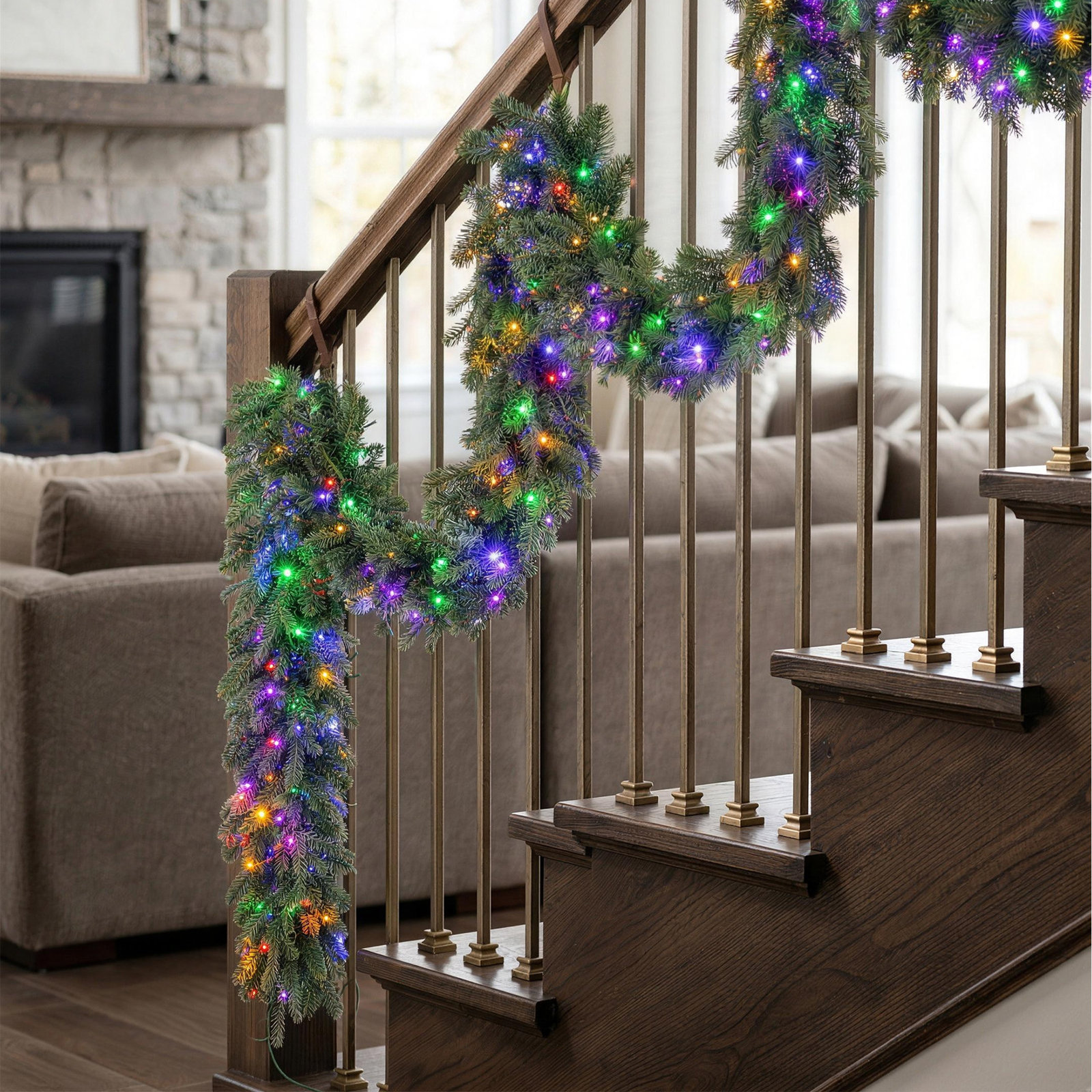 12ft Pre-Lit Greenery Pine Garland – 300 White/Multi-Color Twinkling Lights, 10 Functions, 9'