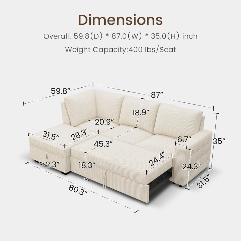 Brunella Upholstered Corduroy Sectional Sofa Bed Beige, 35" H x 87" W x 59.8" D, Beige Corduroy