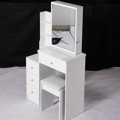 Meuble-lavabo compact avec commode de chevet à gauche, avec tabouret rembourré et très grand miroir coulissant, rangement multi-couches, blanc élégant pour les petits espaces - table de meuble-lavabo avec grande surface rembourrée