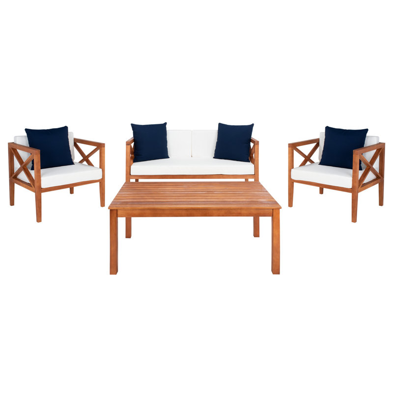 Ensemble de conversation 4 pièces Mondovi, Structure en bois naturel / coussin beige, Marine