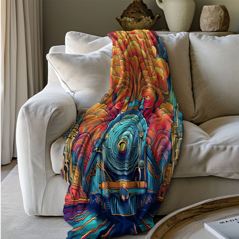 Machine à vapeur multicolore - couverture en sherpa de qualité supérieure 1 pièce - impression d'art luxueux, Grand lit