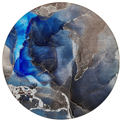 HomeRoots 8' Blue Round Abstract Washable Indoor Outdoor Area Rug