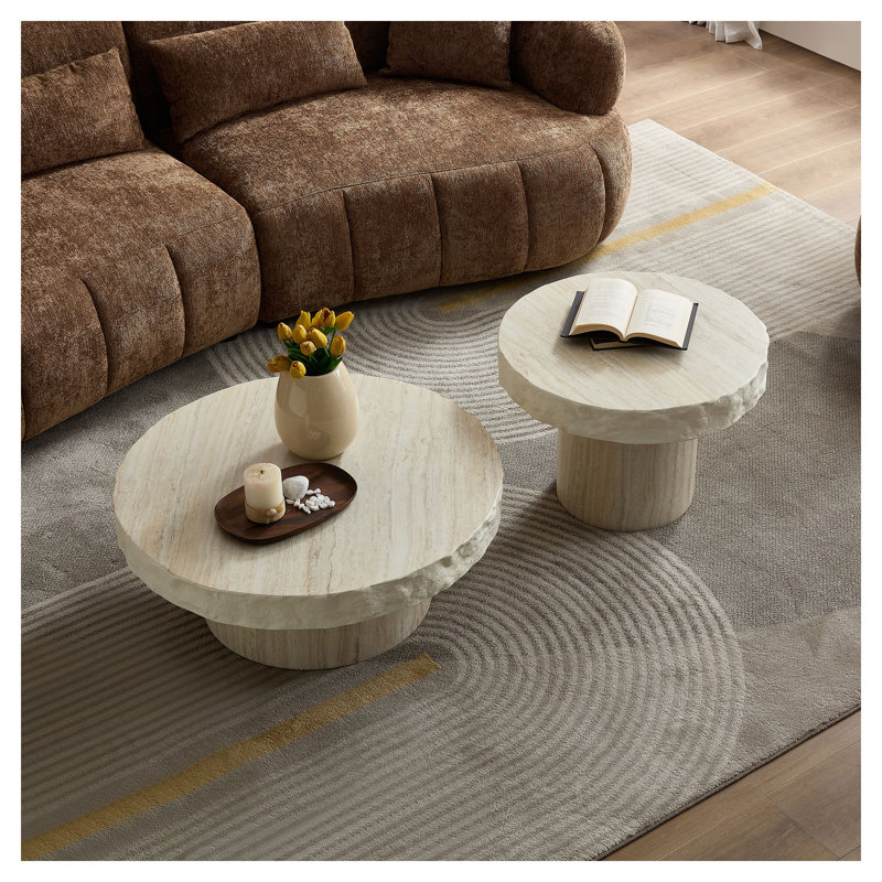 Ensemble de 2 tables basses rondes en fibre de verre beige avec finition texturée