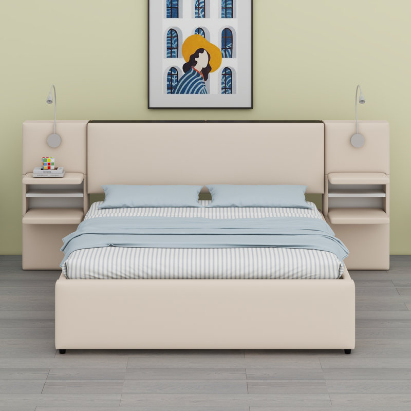 Lit plateforme tapissier avec lampes de lecture, Beige