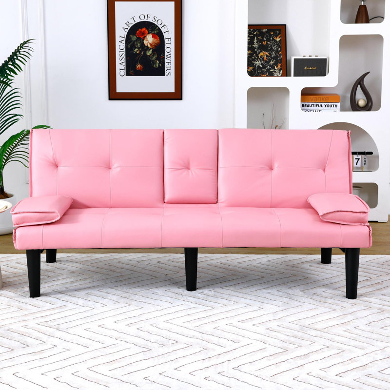PVC multi-functional sofa bed, with a foldable and cup holder design, Pink Faux Leather