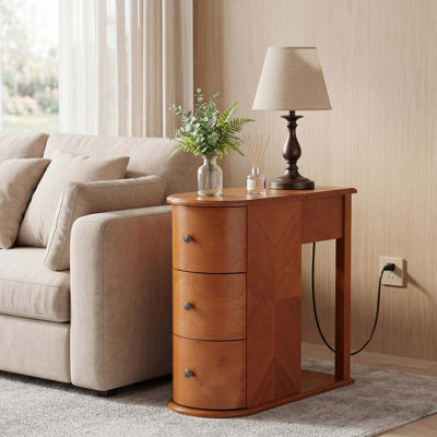 Modern End Table with Hidden Cup Holder, Charging Station & Pull-Out Surface