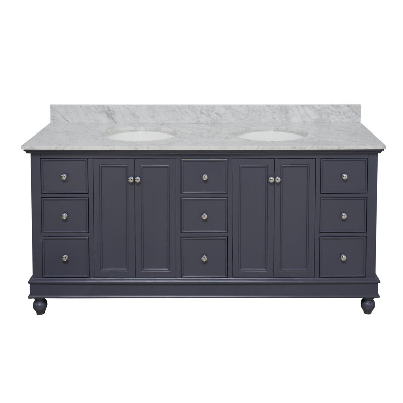 Ensemble de meuble-lavabo double 72 po Ferdinand, Gris marine, Marbre de Carrare