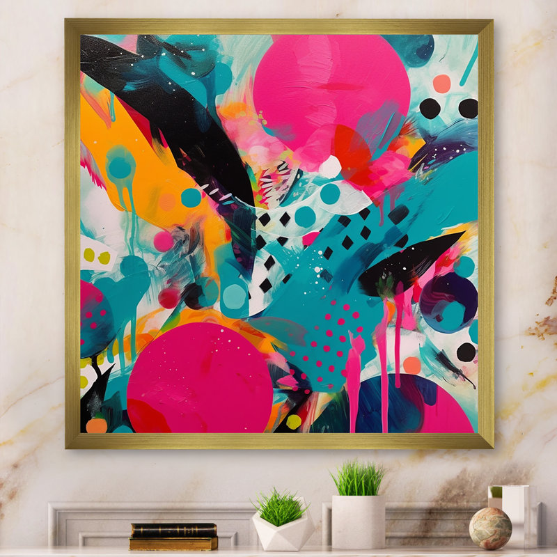 Art abstrait sur toile rose et turquoise abstraite I, Cadre doré à une seule photo, H 16 po x l 16 po x P 1 po