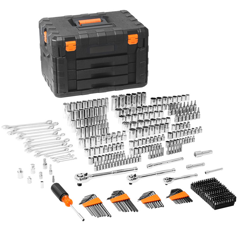 450 pièces pour outils mécaniques et douille, douilles 1/4 po 3/8 po 1/2 po, outils métriques, embouts, clés, clé combinée, accessoires dans un étui de rangement, alliage d'aluminium argenté pour l'entretien de la maison
