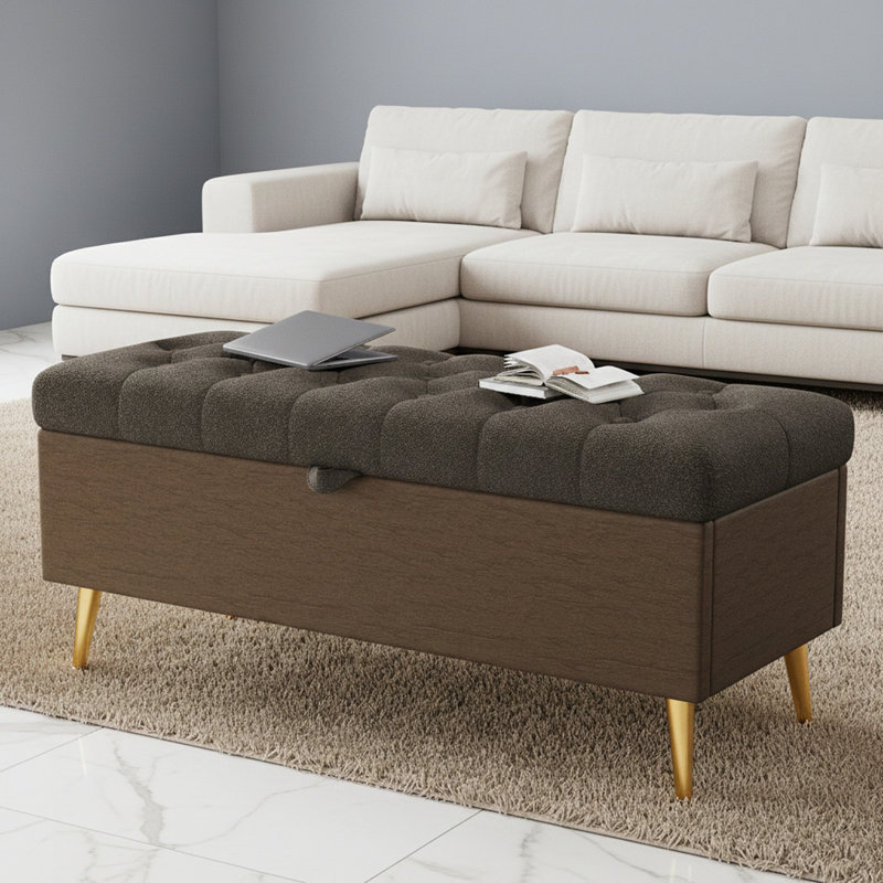 Banc avec repose-pieds moderne avec amplement d'espace de rangement, coussin capitonné et pieds en métal, Café