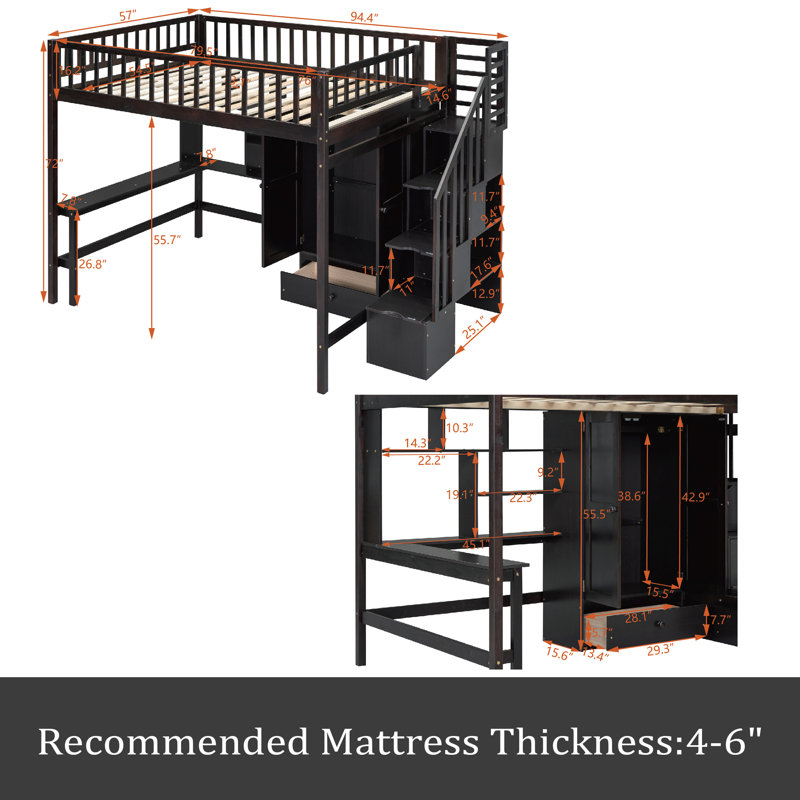 Lit mezzanine double avec tiroirs Kahlie Kids, Espresso