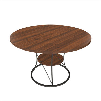 Round Extendable Dining Table with Storage Shelf, Walnut Veneer and Matte Black Metal, 43 to 59 Inches, Seats 4-6
