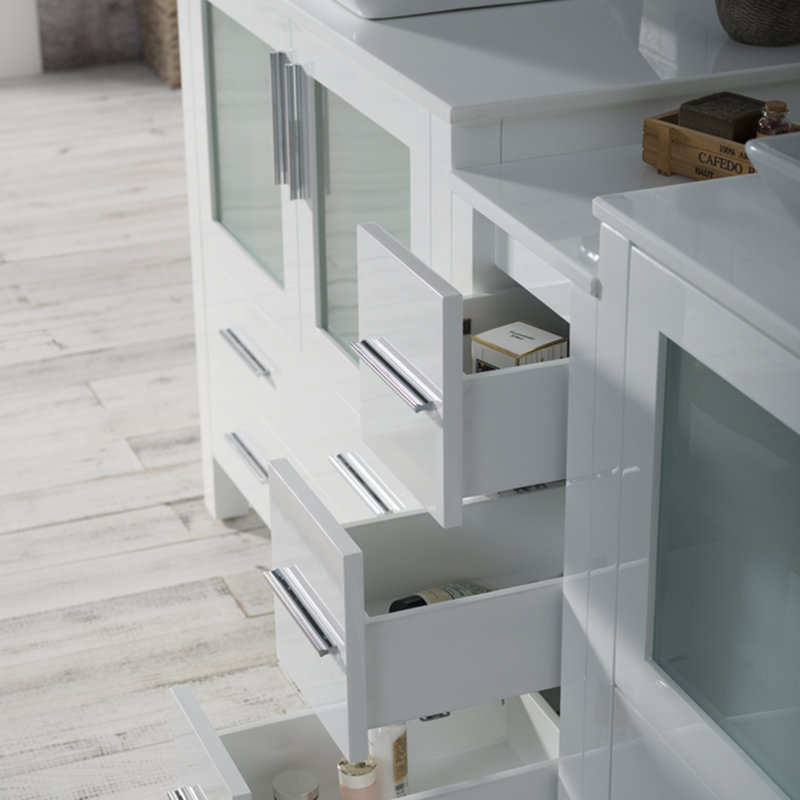 Ensemble de meuble-lavabo de salle de bain double 84 po avec miroir Mance, Blanc lustré