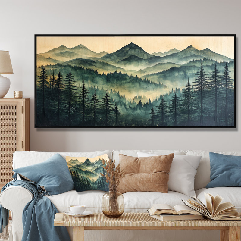 Giacobba Calm Mountain Silhouette In Woodlands II - Mountains Framed Prints, Black, 28" H x 60" W, Floater Framed Print